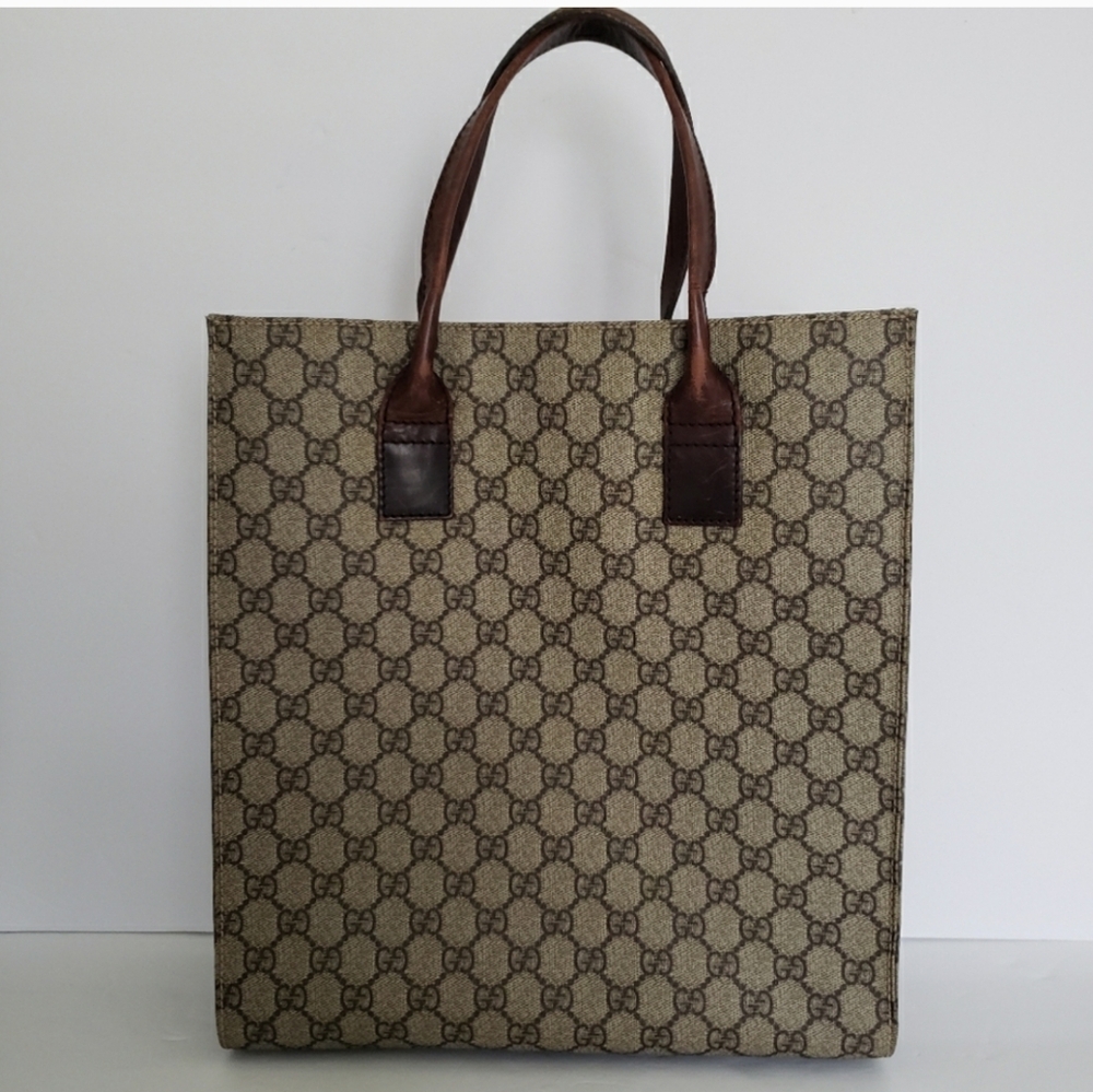 💖100% Authentic GUCCI Supreme GG Tote Bag Coated Canvas,  Leather Handles/Base